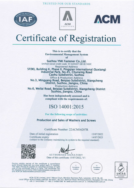 Chiny Suzhou YNK Fastener Co., Ltd. Certyfikaty