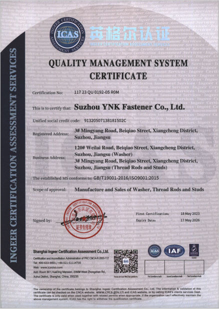 Chiny Suzhou YNK Fastener Co., Ltd. Certyfikaty